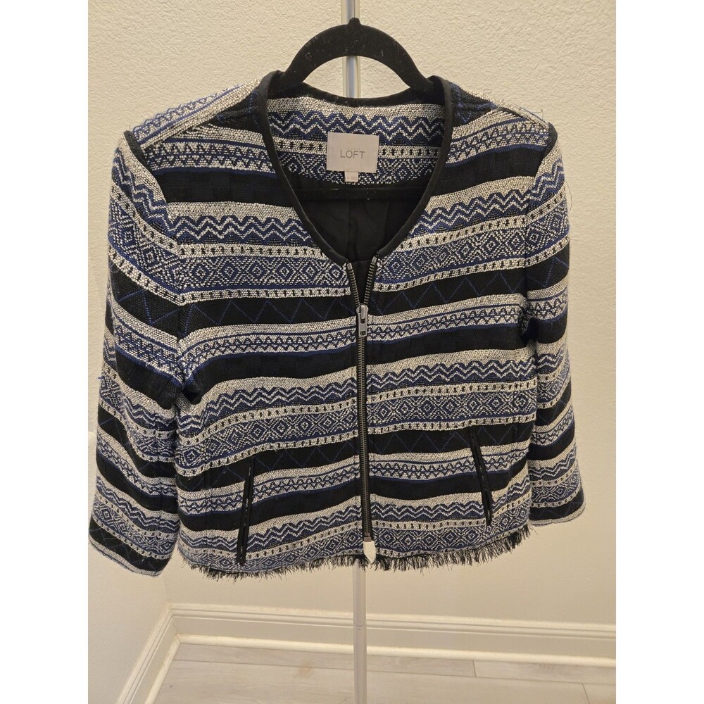Loft Size 12 Blue White Geometric Woven Tweed Zip Jacket Fringe Trim Women's